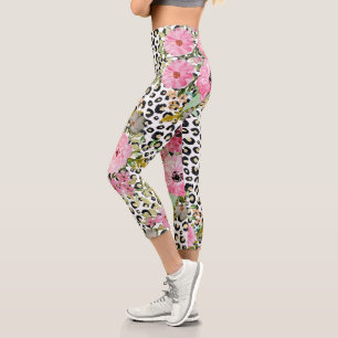Leggings Capri Impression élégante de léopard et motif floral