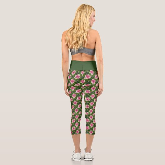 Leggings Capri Impression florale rose et verte féminine (Verso)