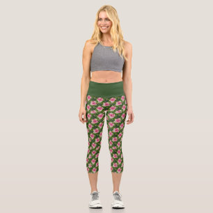 Leggings Capri Impression florale rose et verte féminine