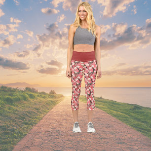 Leggings Capri Imprimé floral asiatique rose pêche blanc chinoise