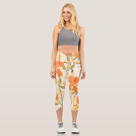 Leggings Capri Iris orange : motif floral transparent (Recto)