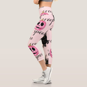 Leggings Capri Jack-O-Lantern rose et chat noir