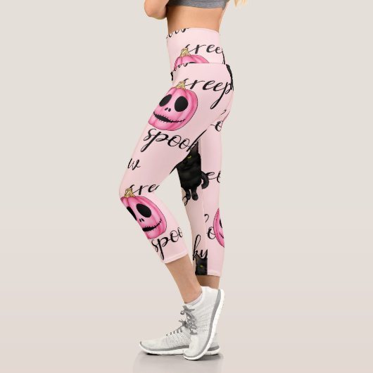 Leggings Capri Jack-O-Lantern rose et chat noir (Gauche)