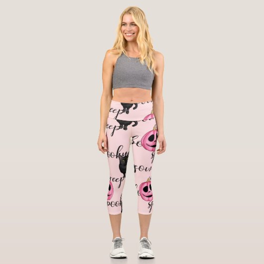 Leggings Capri Jack-O-Lantern rose et chat noir (Recto)