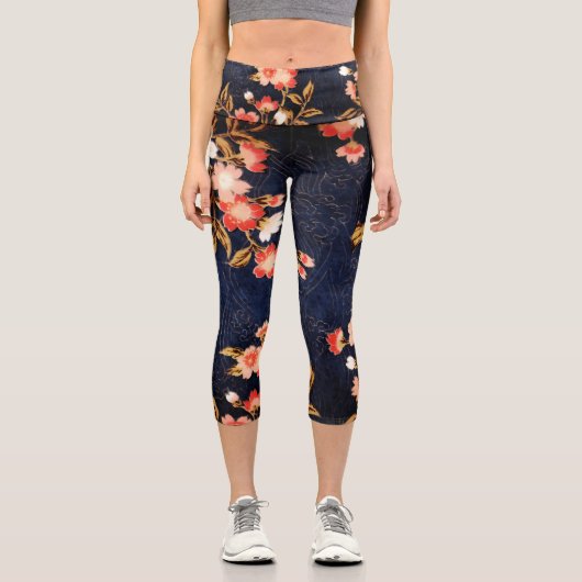 LEGGINGS CAPRI JAMBE FLORALE BLEU PROFONDE ROSE ROUGE BLANC (Recto)