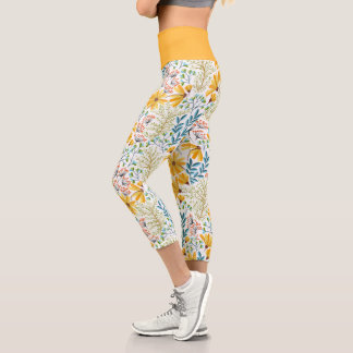 Leggings Capri Jambes de fleurs de printemps jaunes, Turquoises e