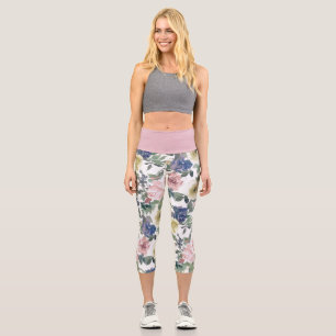 Leggings Capri Jardin Rose Floral Crème Bleue Champagne Blanc Ros