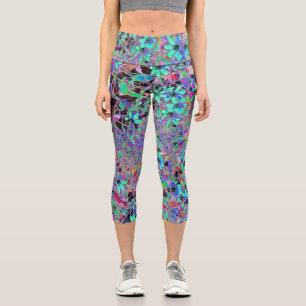 Leggings Capri Jardin Violet avec Fleurs Aquamarine Psychédélique