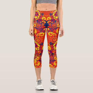 Leggings Capri JAUNE ORANGE FLEURS Peony, Floral japonais Rose 
