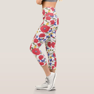 Leggings Capri Joli Fleur sauvage floral à imprimer Rouge à pé