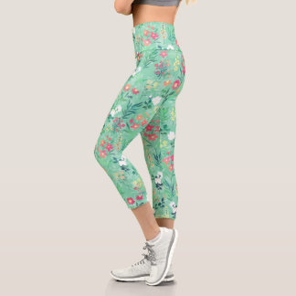 Leggings Capri Jolie aquarelle Floral Botanique Vert Motif