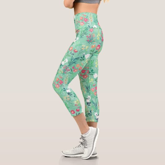 Leggings Capri Jolie aquarelle Floral Botanique Vert Motif (Gauche)