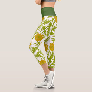 Leggings Capri Jolie botanique florale dessinée à la main jaune