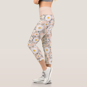 Leggings Capri Jolie pêche et fleurs blanches de marguerite