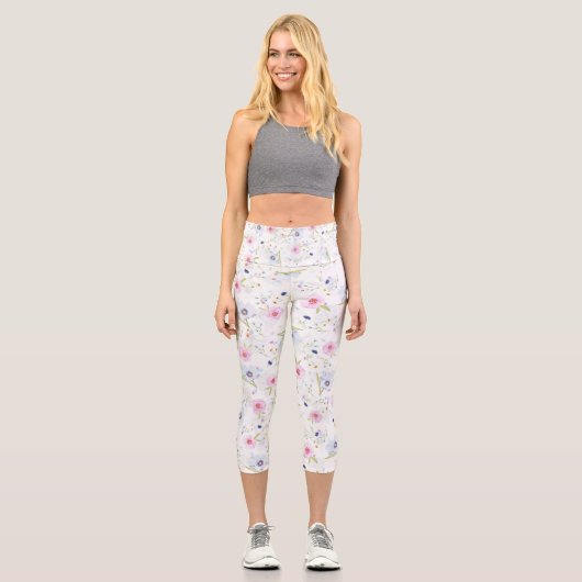 Leggings Capri Jolies Fleurs Pastel Roses Et Bleues (Recto)