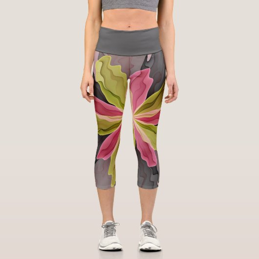 Leggings Capri Joy, Vert rose Anthracite Imaginaire Fleur Fractal (Recto)