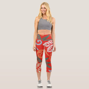 Leggings Capri Kimono japonais hawaïen rouge : Vintage floral