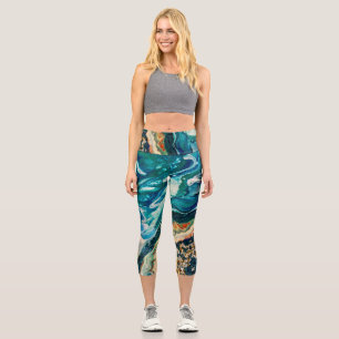 Leggings Capri La glace et le poisson abstrait bleu turquoise or 