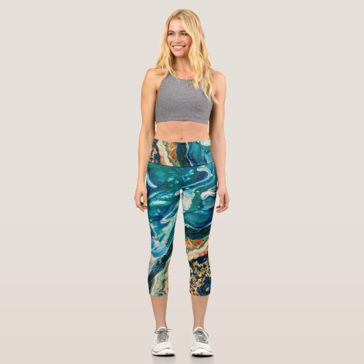 Leggings Capri La glace et le poisson abstrait bleu turquoise or  (Recto)