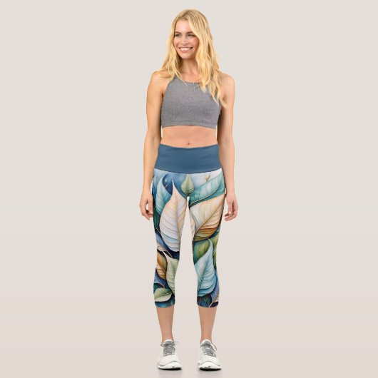 Leggings Capri Latte feuilles dorées bleu vert (Recto)