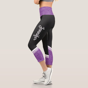Leggings Capri Lavande noire et noire fleurie blanche rayure et n