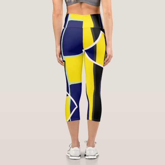 Leggings Capri Lignes d'art Abstrait en bleu jaune gras (Verso)