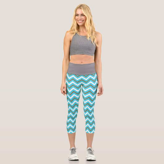 Leggings Capri Lignes géométriques bleues marron blanches en zig  (Recto)