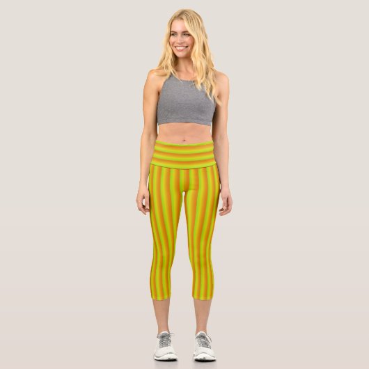 Leggings Capri Lime vert, orange et jaune néon rayé (Recto)