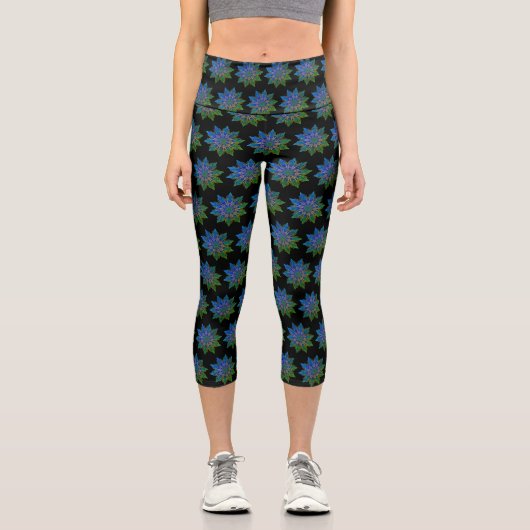 Leggings Capri Lotus Mandala turquoise et noir (Recto)