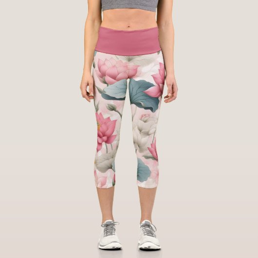 Leggings Capri Lotus romantique en rose, crème et vert tendre (Recto)