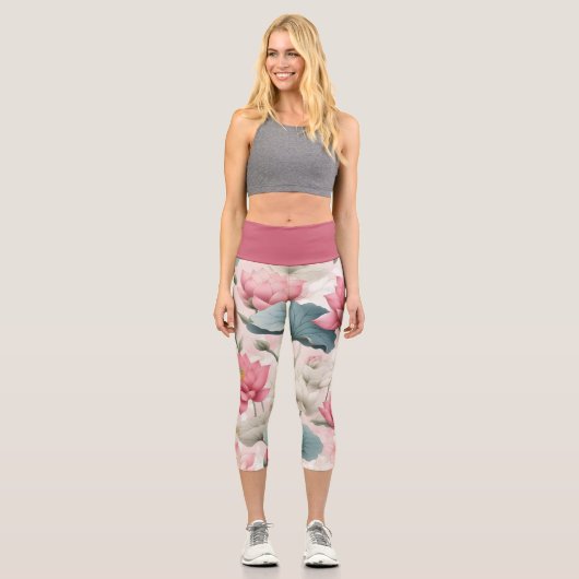 Leggings Capri Lotus romantique en rose, crème et vert tendre (Recto)