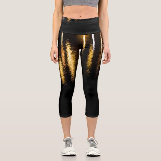 Leggings Capri Lumières nocturnes Abstraites mer brillant or réfl (Recto)
