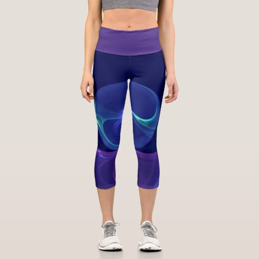 Leggings Capri Lumineuse Bleu Violet Rêve Abstrait Fractal Art (Recto)