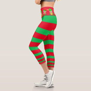 Leggings Capri lutin de Noël vert et rouge rayé