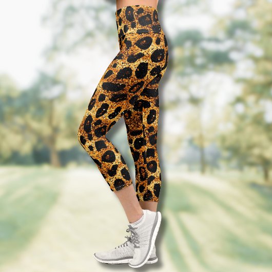 Leggings Capri Luxury Glitter Gold Brown Rust Leopard Pattern