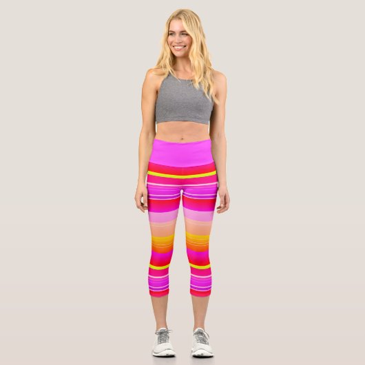 Leggings Capri Magenta rose jaune vif rayé (Recto)