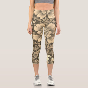 Leggings Capri Magnifique motif floral sépia vintage 