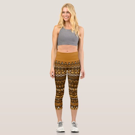 Leggings Capri Main Drawn Folk Pattern à Brown Tones (Recto)