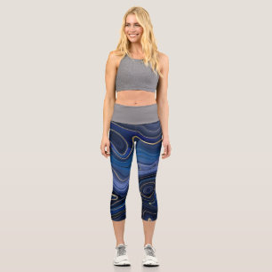 Leggings Capri Malachite Bleue Accents Dorés Luxe Chic Pierre Pré