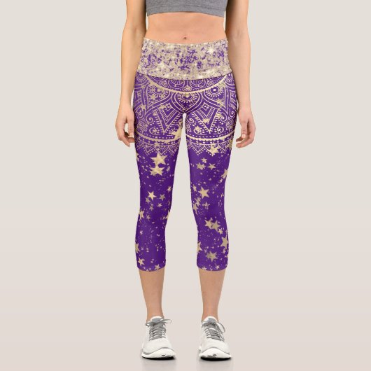 Leggings Capri Mandala avec Gold Stars Parties scintillant violet (Recto)