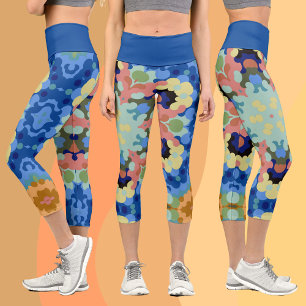 Leggings Capri Mandala Flower bleu rose et jaune