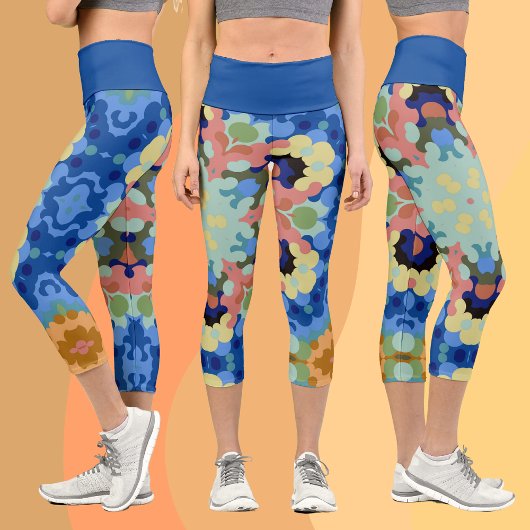 Leggings Capri Mandala Flower bleu rose et jaune