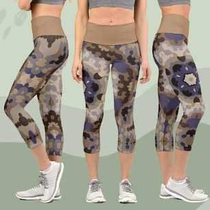 Leggings Capri Mandala Flower Blue Tan Retro et Brown