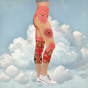 Leggings Capri Mandala numérique jaune, rose et rouge