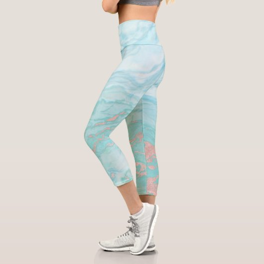 Leggings Capri Marbre Abstrait Turquoise Blue Rose Gold (Gauche)