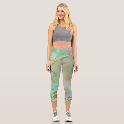 Leggings Capri Marbre Boho Glam | Neo Mint Green et Gold Parties  (Recto)