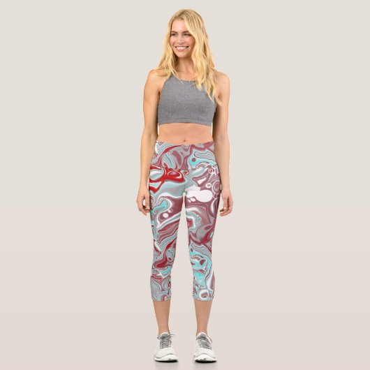 Leggings Capri Marbre turquoise et Bourgogne Digital Fluid Art (Recto)