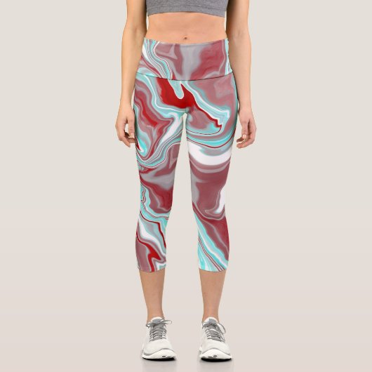 Leggings Capri Marbre turquoise et Bourgogne Digital Fluid Art (Recto)