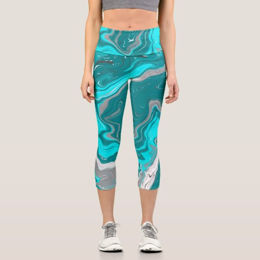 Leggings Capri Marbre turquoise et Turquoise Fluid Art (Recto)