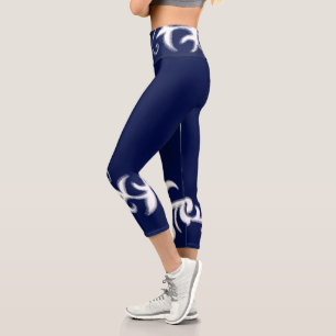 Leggings Capri Minimalisme Art Abstrait Bleu Dessin à main blanch